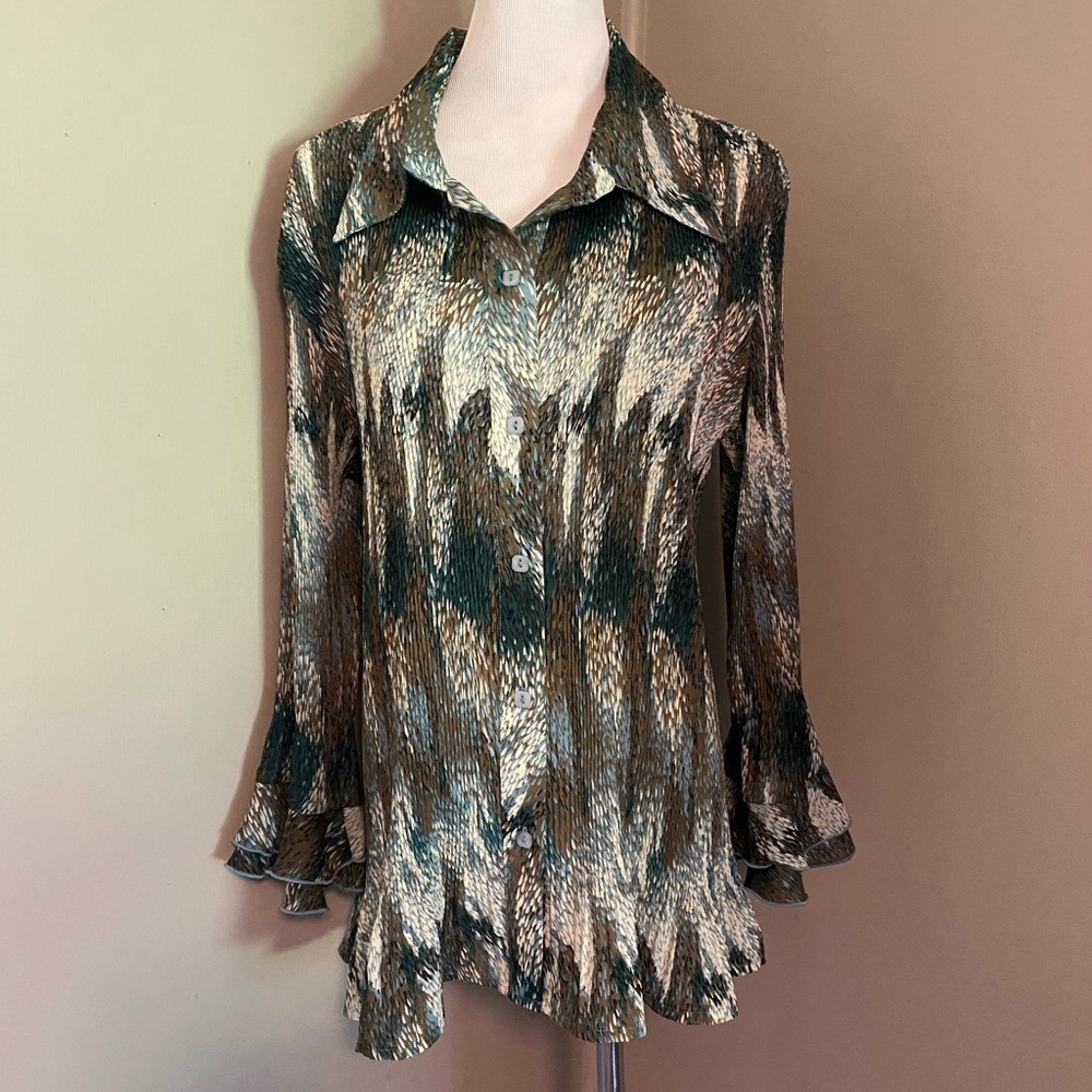 Cato Multicolor Textured Blouse Ruffle Sleeve and Hem